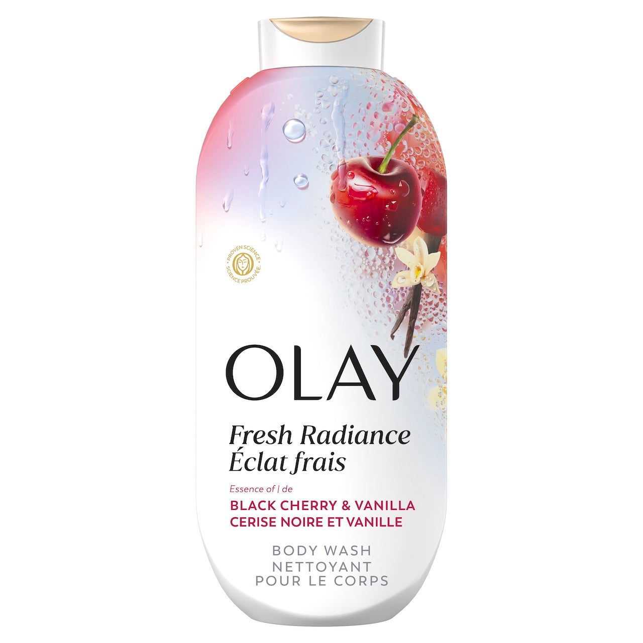 Olay Fresh Radiance Body Wash · Essence of Black Cherry and Vanilla · Vitamin B3 and Antioxidant Blend · 22oz