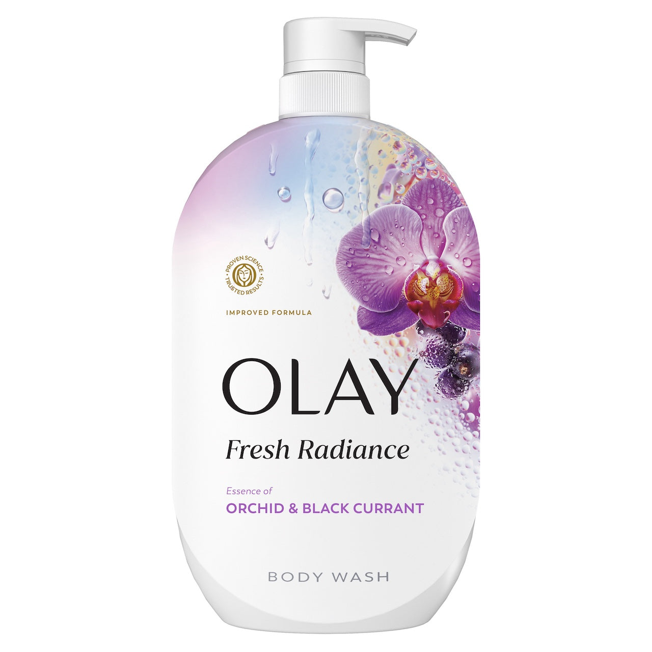Olay Fresh Radiance Body Wash · Essence of Orchid and Black Currant · Vitamin B3 and Antioxidant Blend · 35oz
