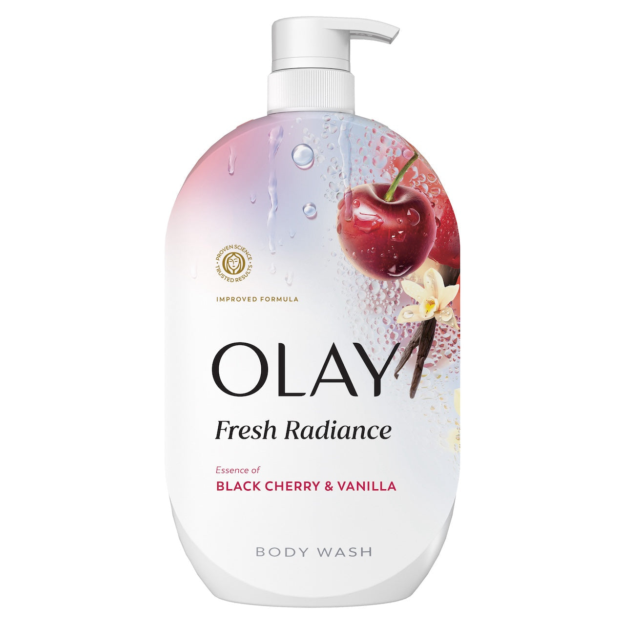 Olay Fresh Radiance Body Wash · Essence of Black Cherry and Vanilla · Vitamin B3 and Antioxidant Blend · 35oz