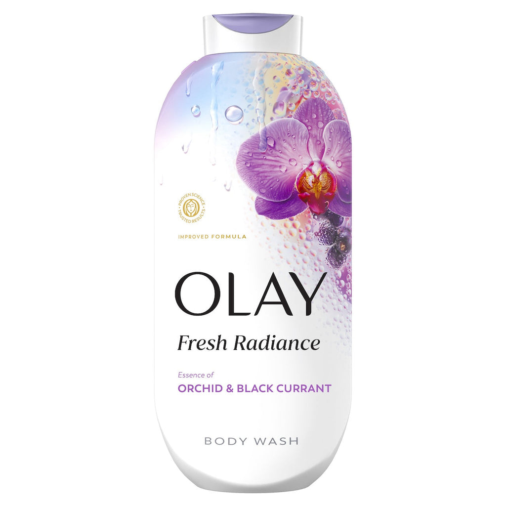 Olay Fresh Radiance Body Wash · Essence of Orchid and Black Currant · Vitamin B3 and Antioxidant Blend · 22oz