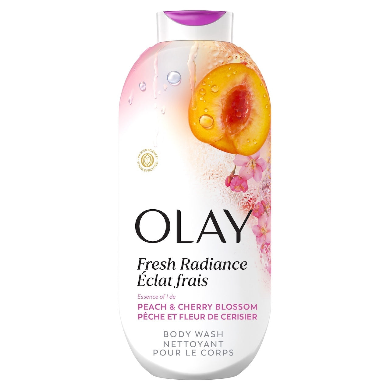Olay Fresh Radiance Body Wash · Essence of Peach and Cherry Blossom · Vitamin B3 and Antioxidant Blend · 22oz
