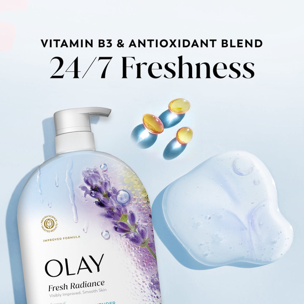 Olay Fresh Radiance Body Wash · Essence of Birch Water and Lavender · Vitamin B3 and Antioxidant Blend · 35oz