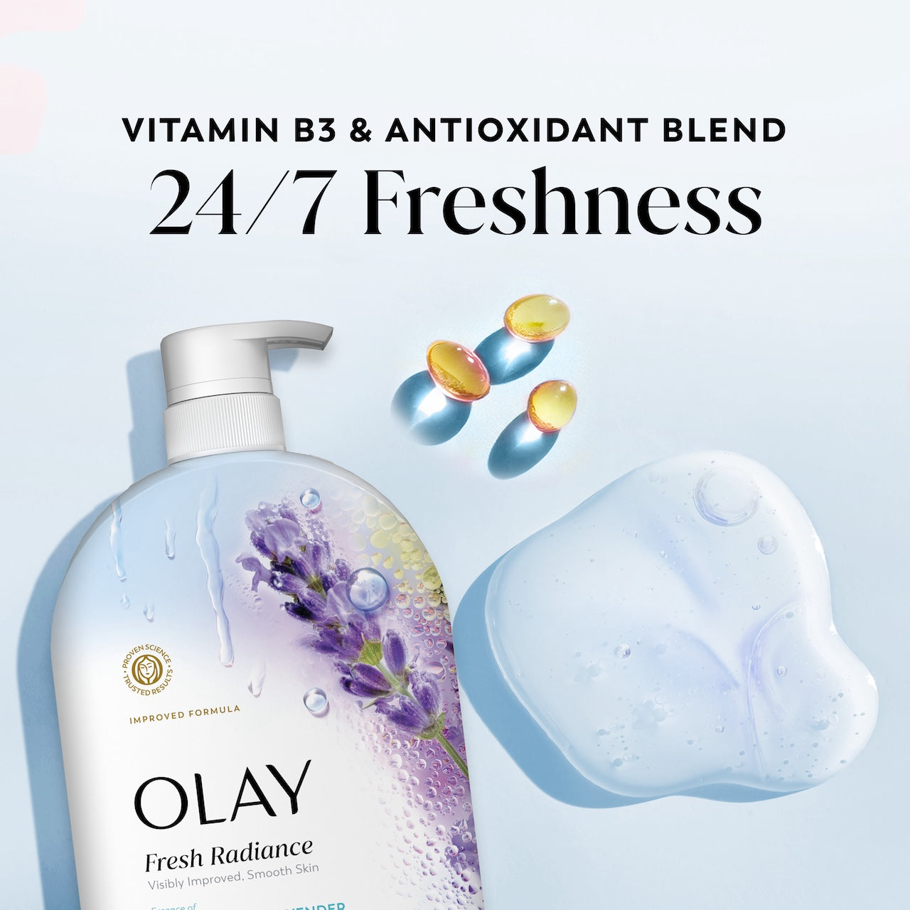 Olay Fresh Radiance Body Wash · Essence of Birch Water and Lavender · Vitamin B3 and Antioxidant Blend · 35oz