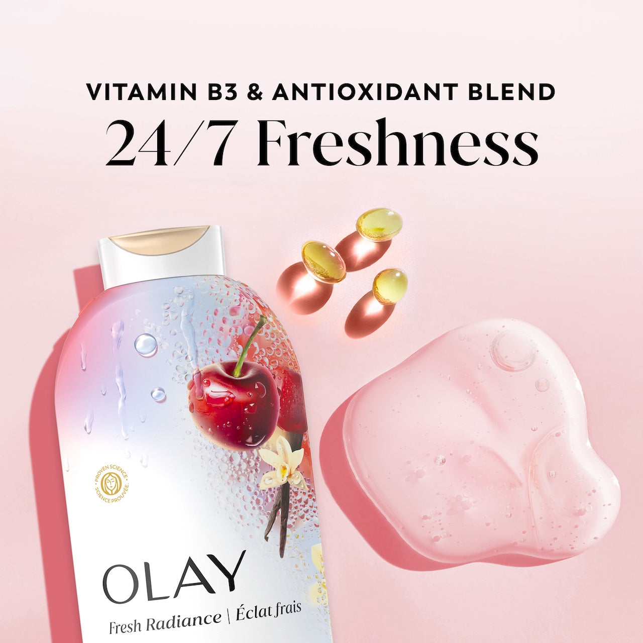 Olay Fresh Radiance Body Wash · Essence of Black Cherry and Vanilla · Vitamin B3 and Antioxidant Blend · 22oz