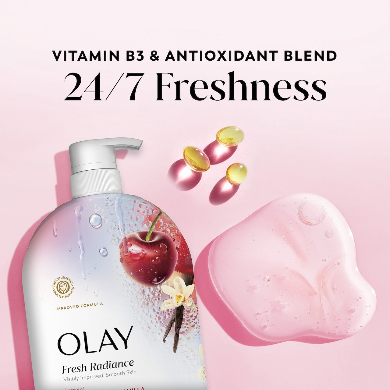 Olay Fresh Radiance Body Wash · Essence of Black Cherry and Vanilla · Vitamin B3 and Antioxidant Blend · 35oz