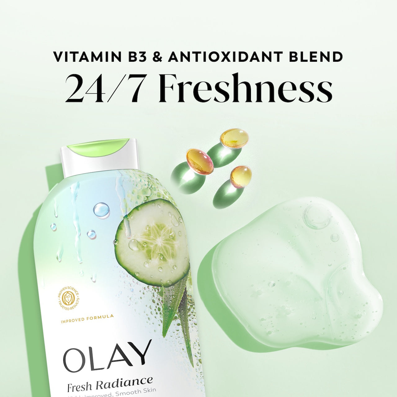 Olay Fresh Radiance Body Wash · Essence of Cucumber and Aloe Water · Vitamin B3 and Antioxidant Blend · 22oz