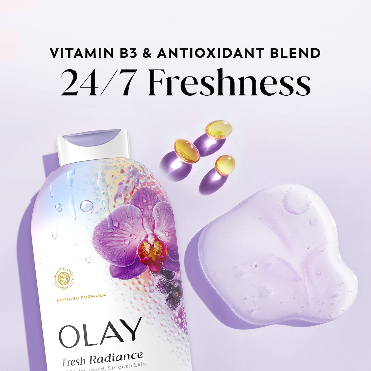 Olay Fresh Radiance Body Wash · Essence of Orchid and Black Currant · Vitamin B3 and Antioxidant Blend · 22oz