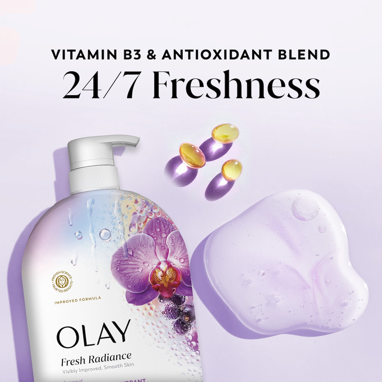 Olay Fresh Radiance Body Wash · Essence of Orchid and Black Currant · Vitamin B3 and Antioxidant Blend · 35oz