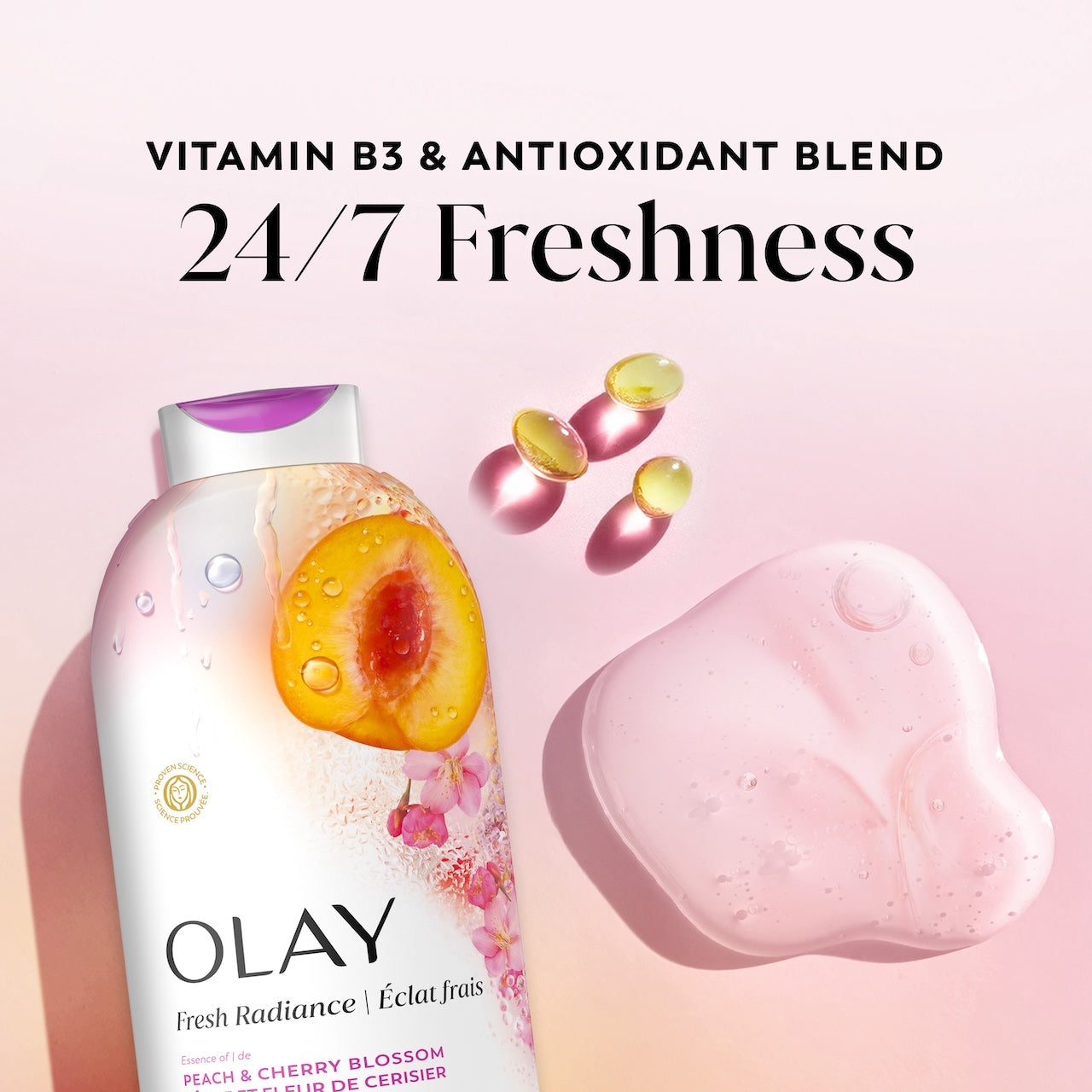Olay Fresh Radiance Body Wash · Essence of Peach and Cherry Blossom · Vitamin B3 and Antioxidant Blend · 22oz