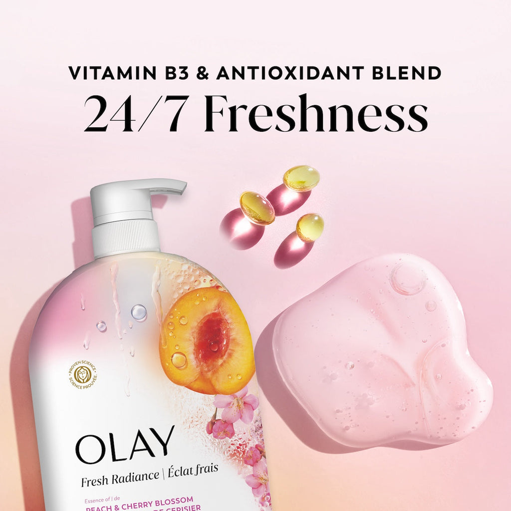 Olay Fresh Radiance Body Wash · Essence of Peach and Cherry Blossom · Vitamin B3 and Antioxidant Blend · 35oz