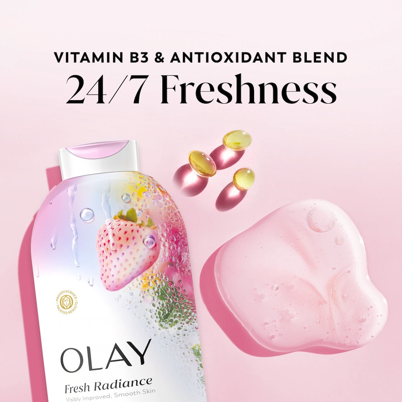 Olay Fresh Radiance Body Wash · Essence of Strawberry and Mint