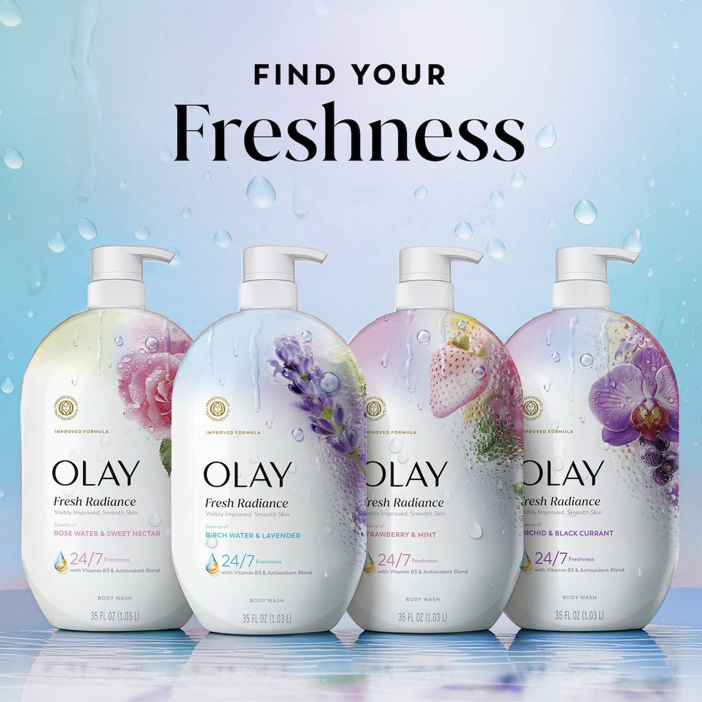 Olay Fresh Radiance Body Wash · Essence of Birch Water and Lavender · Vitamin B3 and Antioxidant Blend · 35oz