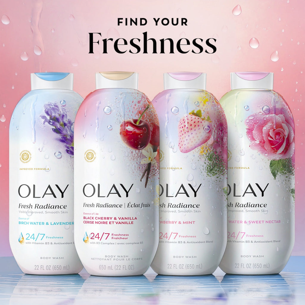 Olay Fresh Radiance Body Wash · Essence of Black Cherry and Vanilla · Vitamin B3 and Antioxidant Blend · 22oz