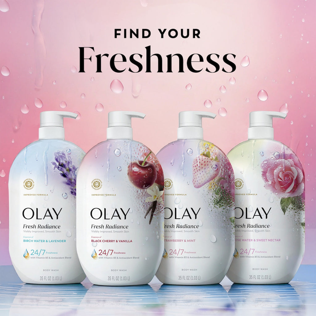 Olay Fresh Radiance Body Wash · Essence of Black Cherry and Vanilla · Vitamin B3 and Antioxidant Blend · 35oz