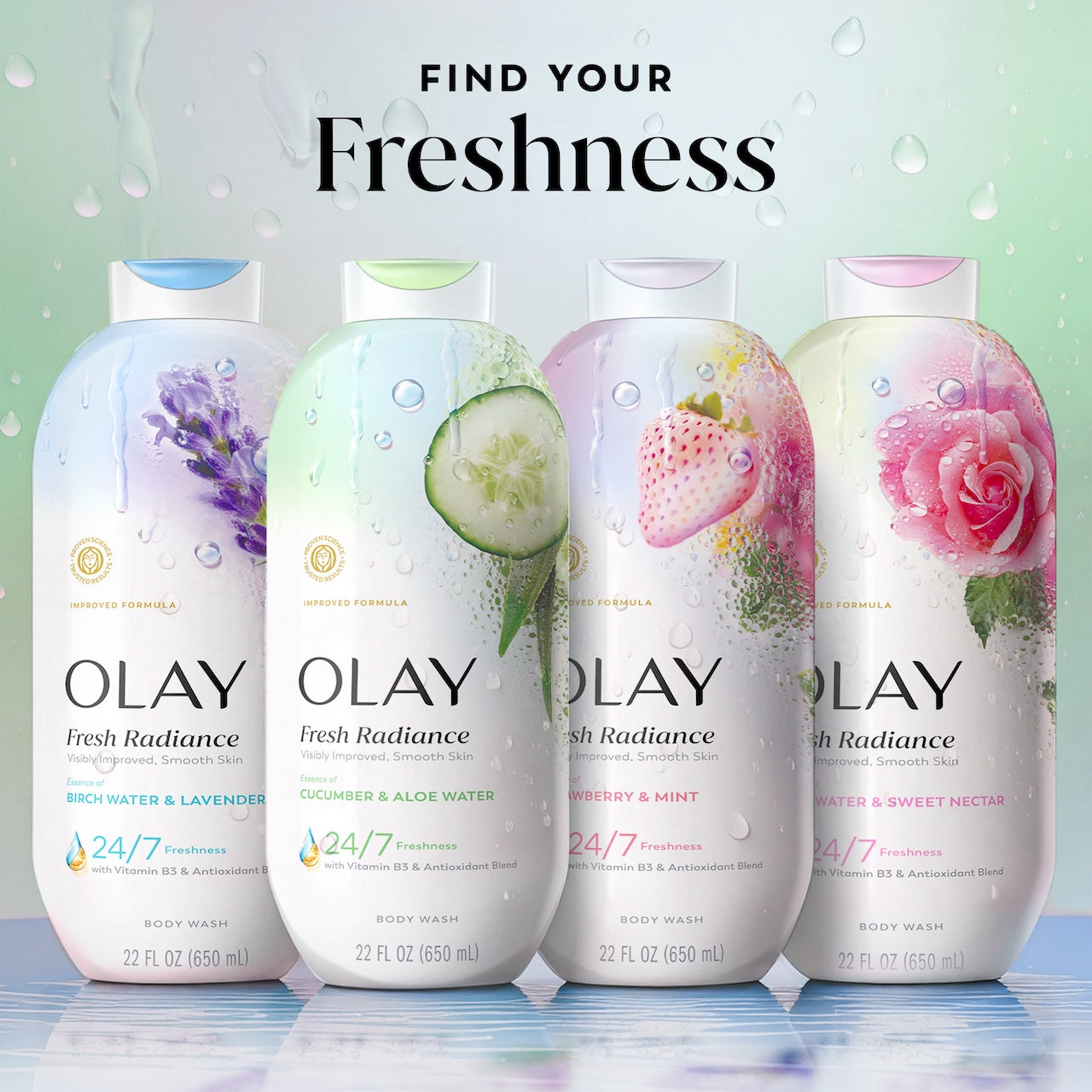 Olay Fresh Radiance Body Wash · Essence of Cucumber and Aloe Water · Vitamin B3 and Antioxidant Blend · 22oz