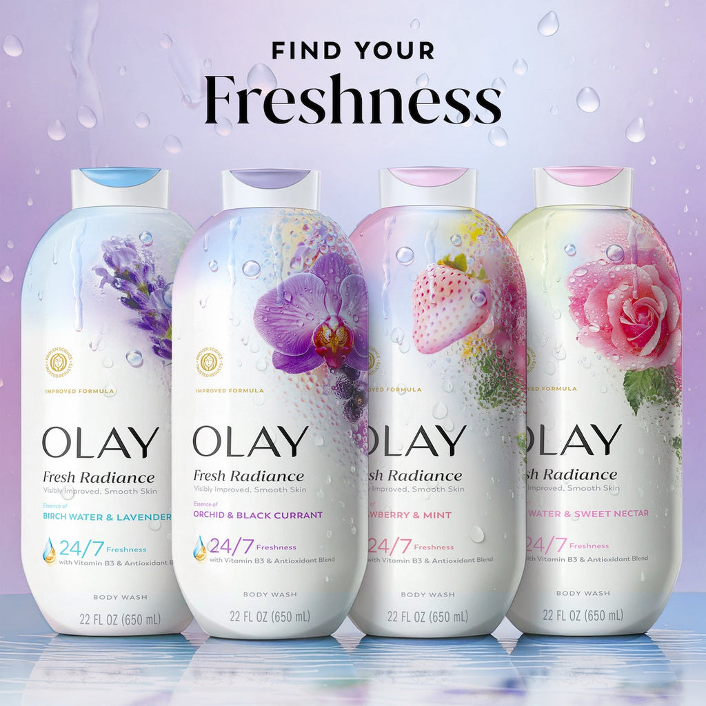 Olay Fresh Radiance Body Wash · Essence of Orchid and Black Currant · Vitamin B3 and Antioxidant Blend · 22oz