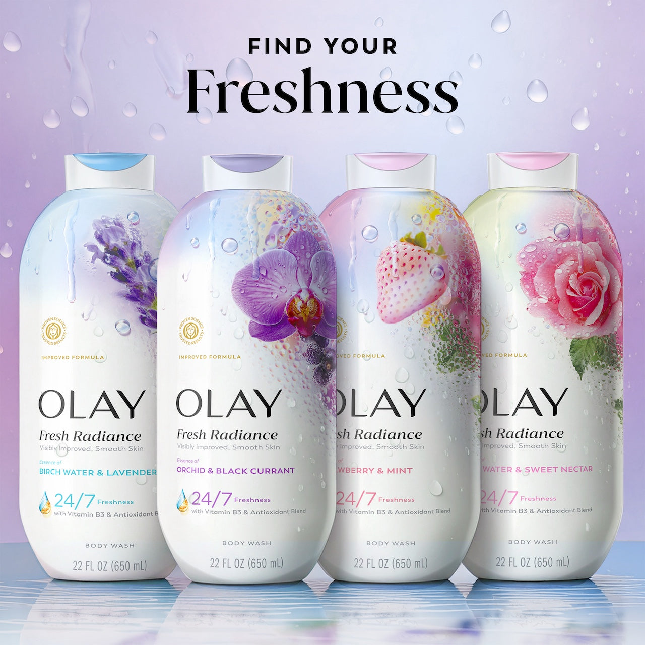 Olay Fresh Radiance Body Wash · Essence of Orchid and Black Currant · Vitamin B3 and Antioxidant Blend · 22oz