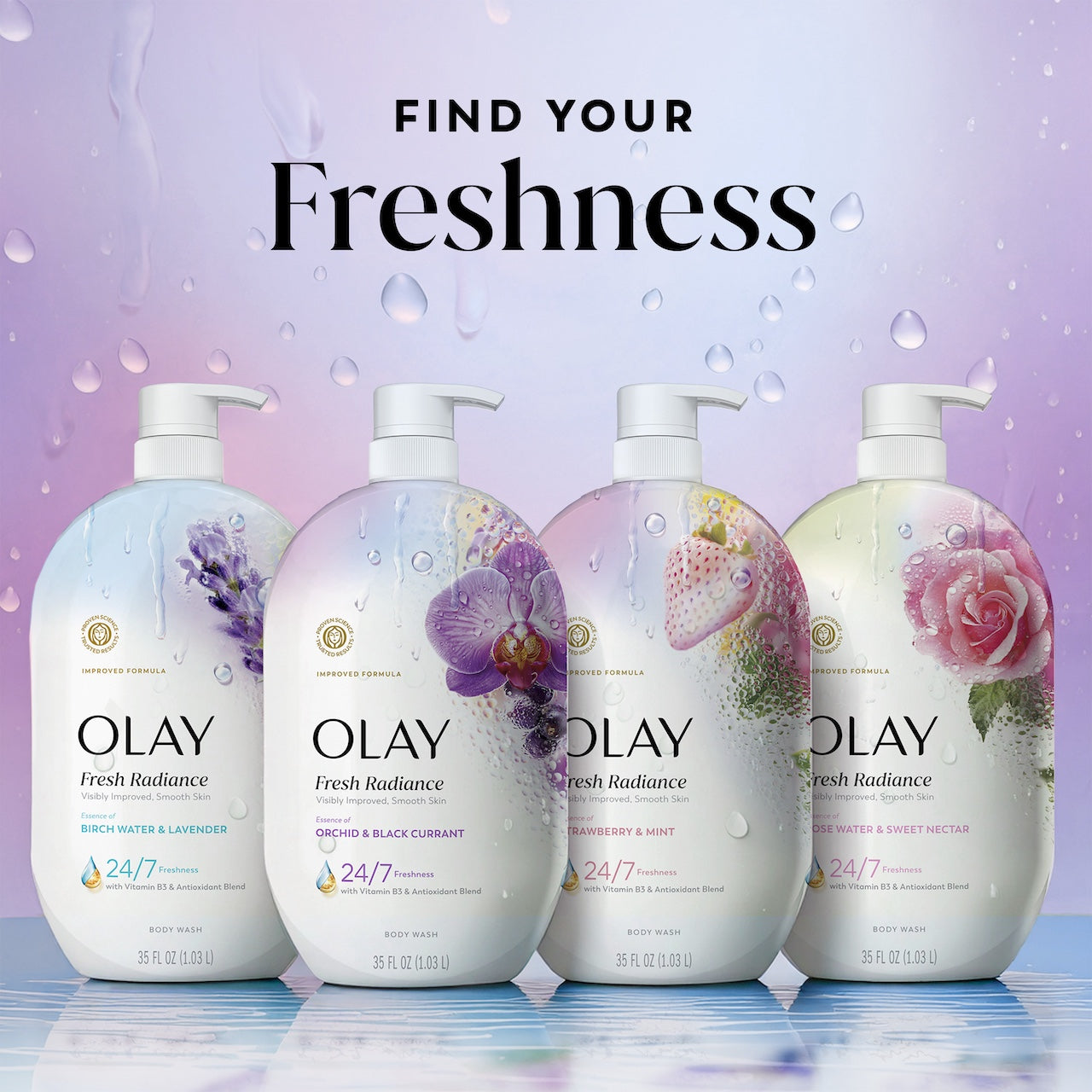 Olay Fresh Radiance Body Wash · Essence of Orchid and Black Currant · Vitamin B3 and Antioxidant Blend · 35oz