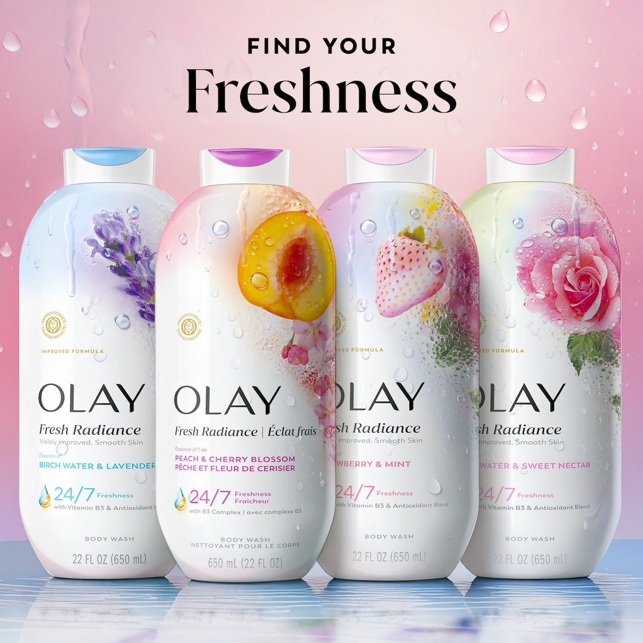 Olay Fresh Radiance Body Wash · Essence of Peach and Cherry Blossom · Vitamin B3 and Antioxidant Blend · 22oz