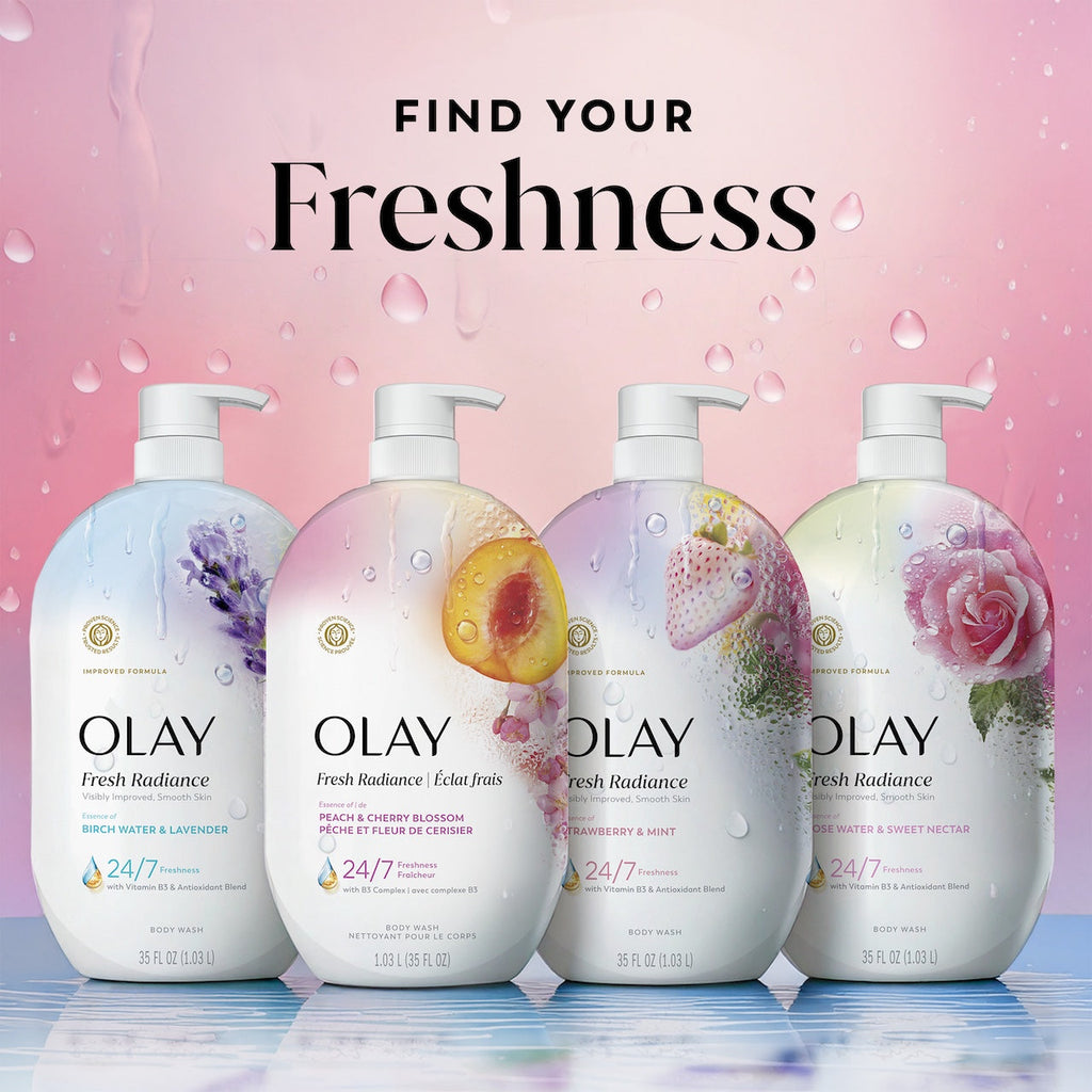 Olay Fresh Radiance Body Wash · Essence of Peach and Cherry Blossom · Vitamin B3 and Antioxidant Blend · 35oz