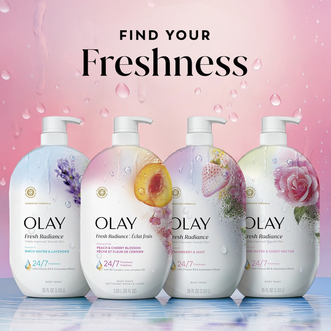 Olay Fresh Radiance Body Wash · Essence of Peach and Cherry Blossom · Vitamin B3 and Antioxidant Blend · 35oz