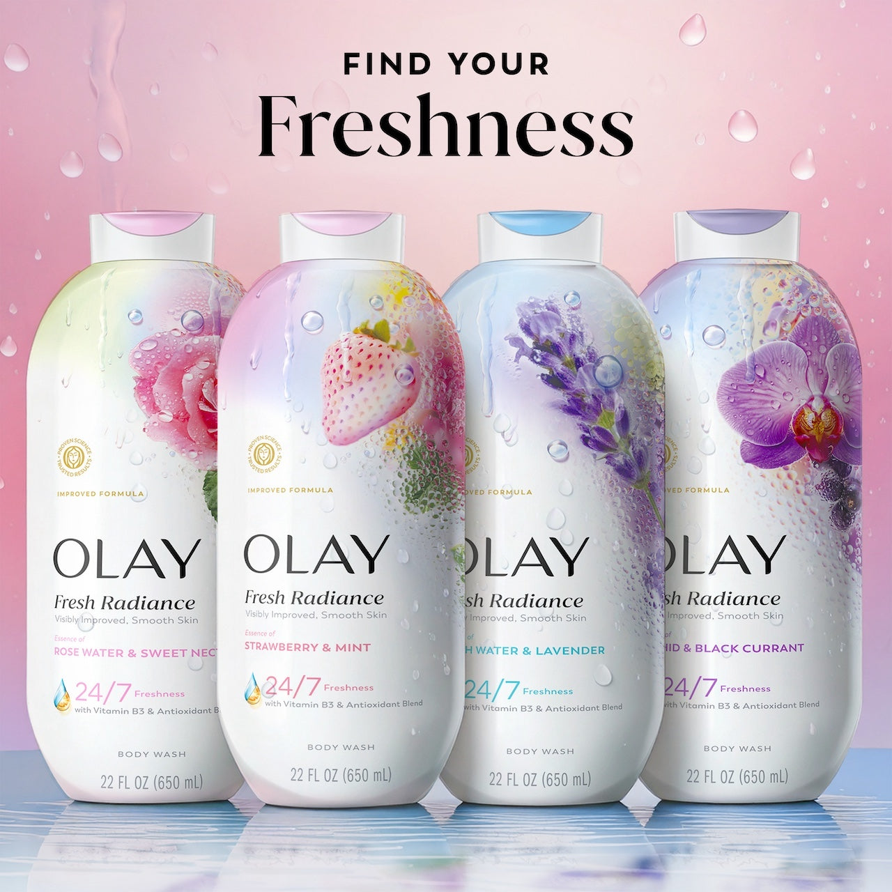 Olay Fresh Radiance Body Wash · Essence of Strawberry and Mint