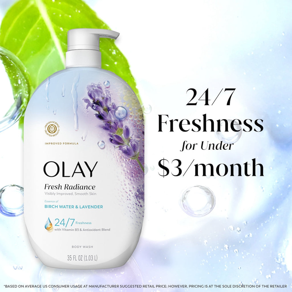 Olay Fresh Radiance Body Wash · Essence of Birch Water and Lavender · Vitamin B3 and Antioxidant Blend · 35oz