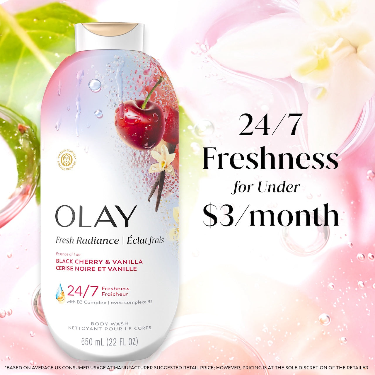 Olay Fresh Radiance Body Wash · Essence of Black Cherry and Vanilla · Vitamin B3 and Antioxidant Blend · 22oz