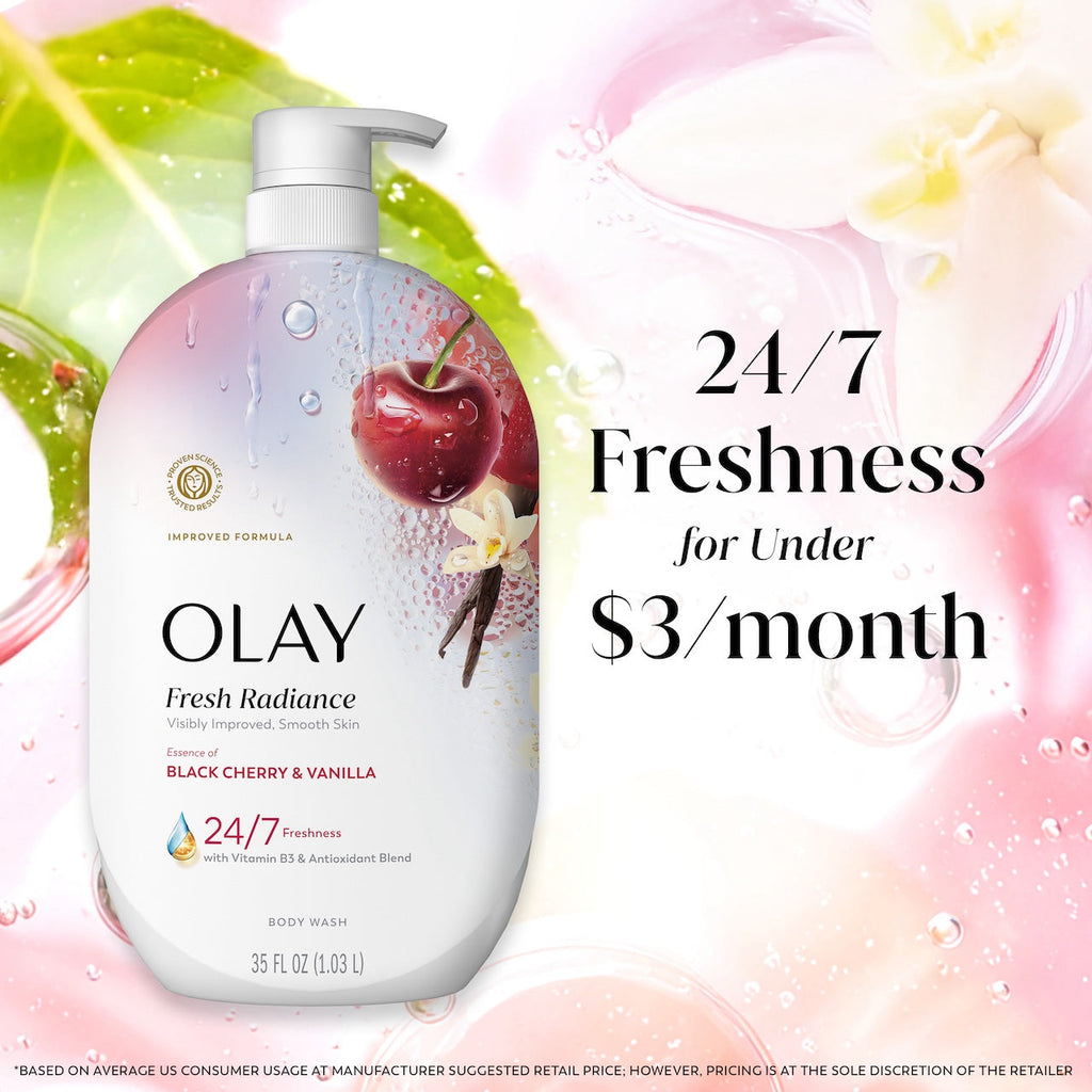 Olay Fresh Radiance Body Wash · Essence of Black Cherry and Vanilla · Vitamin B3 and Antioxidant Blend · 35oz