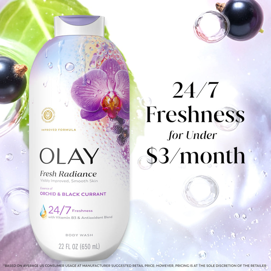 Olay Fresh Radiance Body Wash · Essence of Orchid and Black Currant · Vitamin B3 and Antioxidant Blend · 22oz