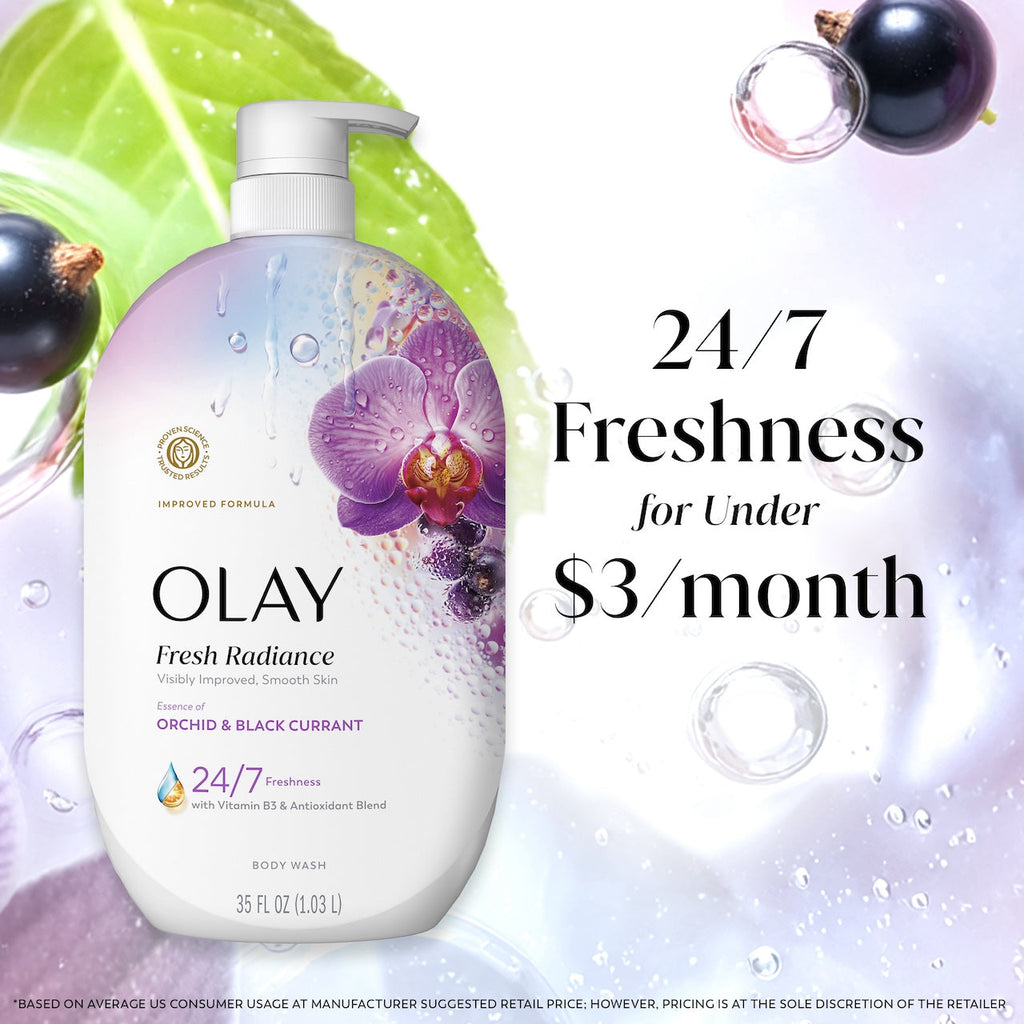 Olay Fresh Radiance Body Wash · Essence of Orchid and Black Currant · Vitamin B3 and Antioxidant Blend · 35oz
