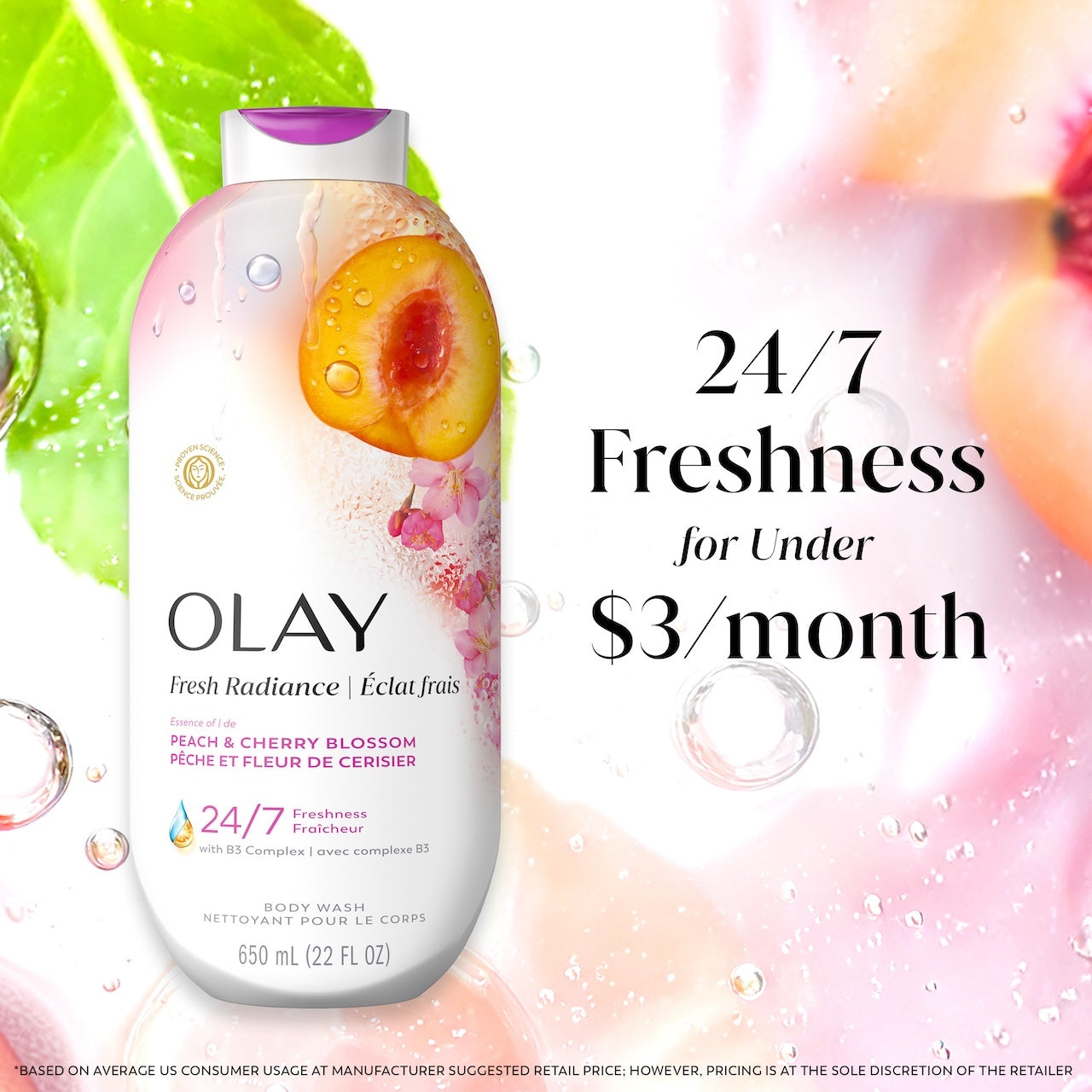 Olay Fresh Radiance Body Wash · Essence of Peach and Cherry Blossom · Vitamin B3 and Antioxidant Blend · 22oz