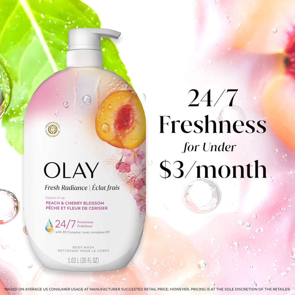 Olay Fresh Radiance Body Wash · Essence of Peach and Cherry Blossom · Vitamin B3 and Antioxidant Blend · 35oz