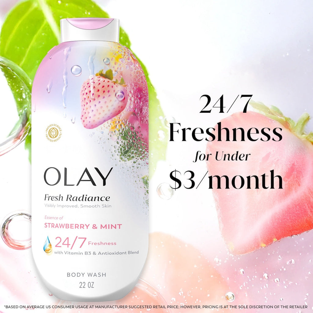 Olay Fresh Radiance Body Wash · Essence of Strawberry and Mint
