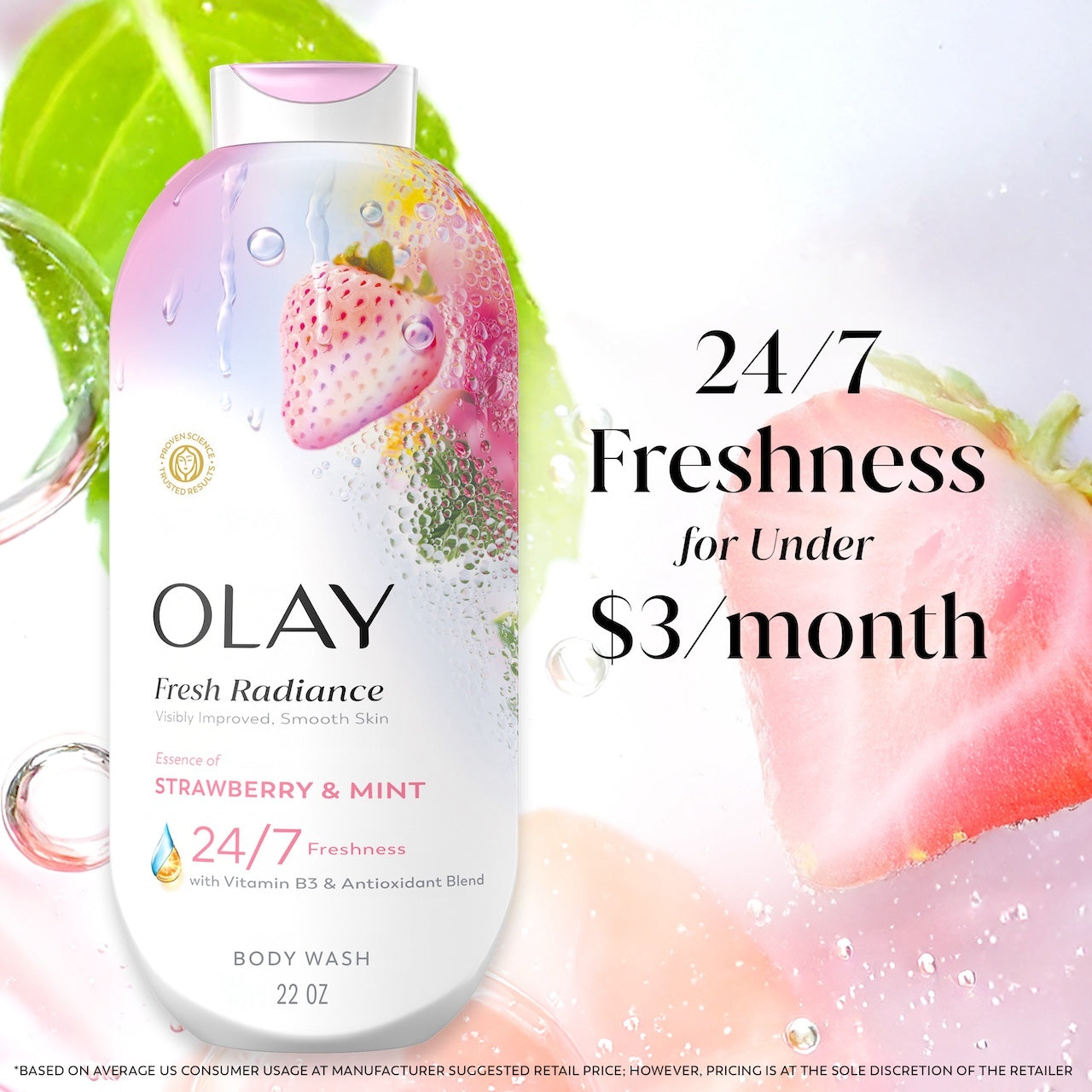 Olay Fresh Radiance Body Wash · Essence of Strawberry and Mint