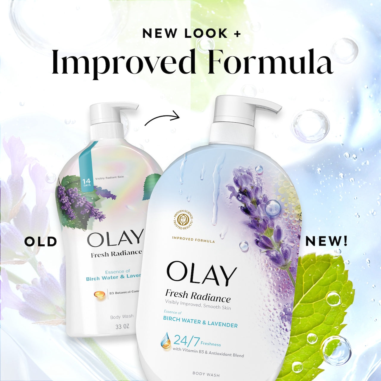 Olay Fresh Radiance Body Wash · Essence of Birch Water and Lavender · Vitamin B3 and Antioxidant Blend · 35oz