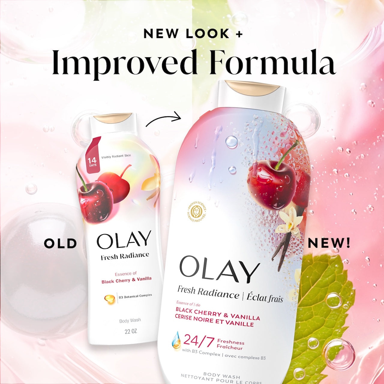 Olay Fresh Radiance Body Wash · Essence of Black Cherry and Vanilla · Vitamin B3 and Antioxidant Blend · 22oz