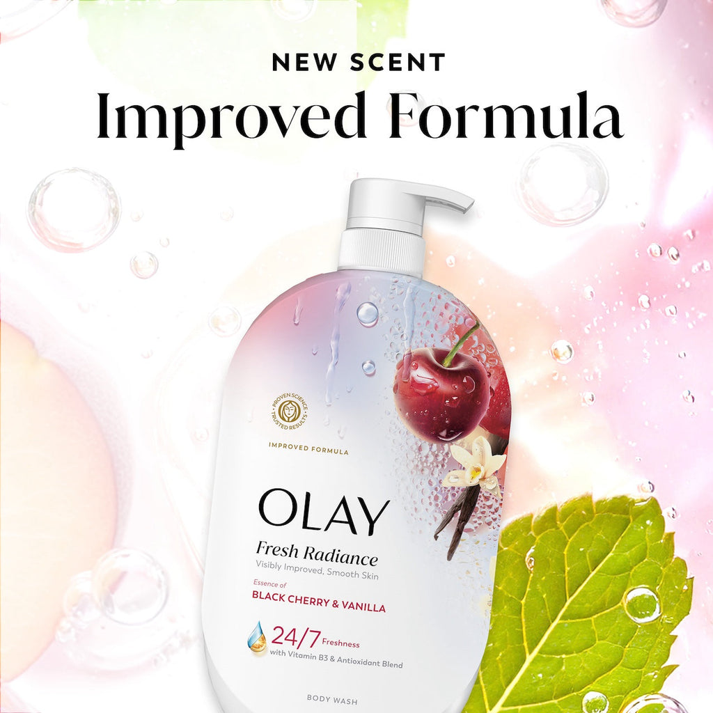 Olay Fresh Radiance Body Wash · Essence of Black Cherry and Vanilla · Vitamin B3 and Antioxidant Blend · 35oz