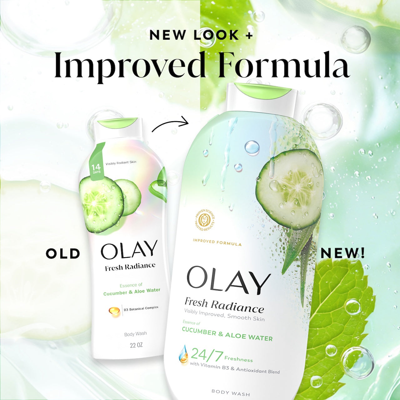 Olay Fresh Radiance Body Wash · Essence of Cucumber and Aloe Water · Vitamin B3 and Antioxidant Blend · 22oz