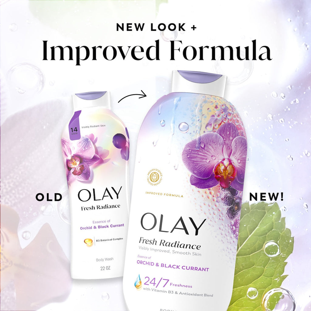 Olay Fresh Radiance Body Wash · Essence of Orchid and Black Currant · Vitamin B3 and Antioxidant Blend · 22oz