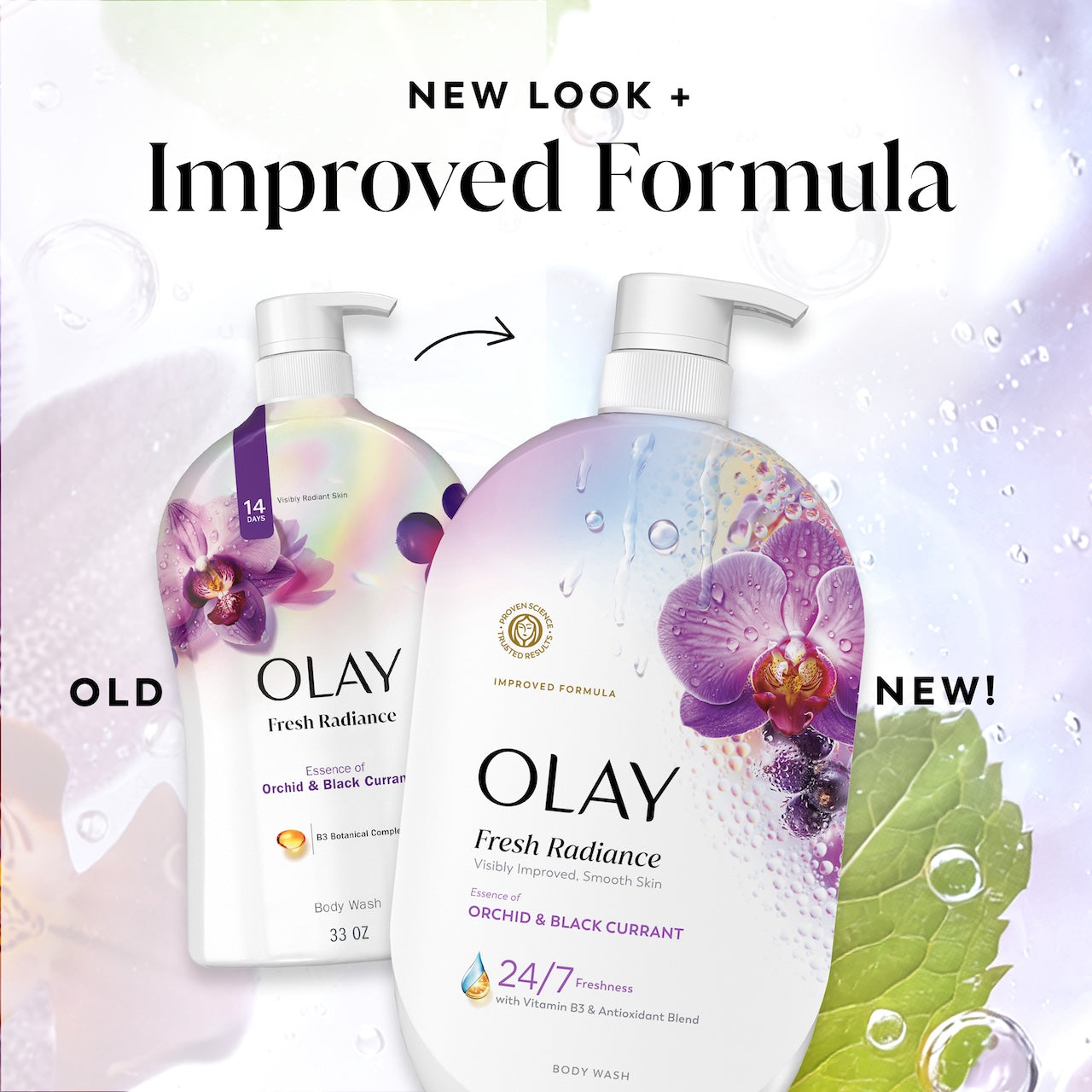 Olay Fresh Radiance Body Wash · Essence of Orchid and Black Currant · Vitamin B3 and Antioxidant Blend · 35oz