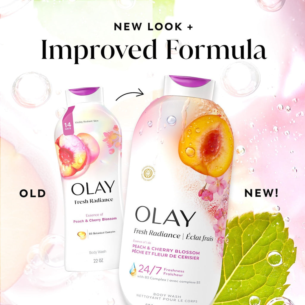 Olay Fresh Radiance Body Wash · Essence of Peach and Cherry Blossom · Vitamin B3 and Antioxidant Blend · 22oz