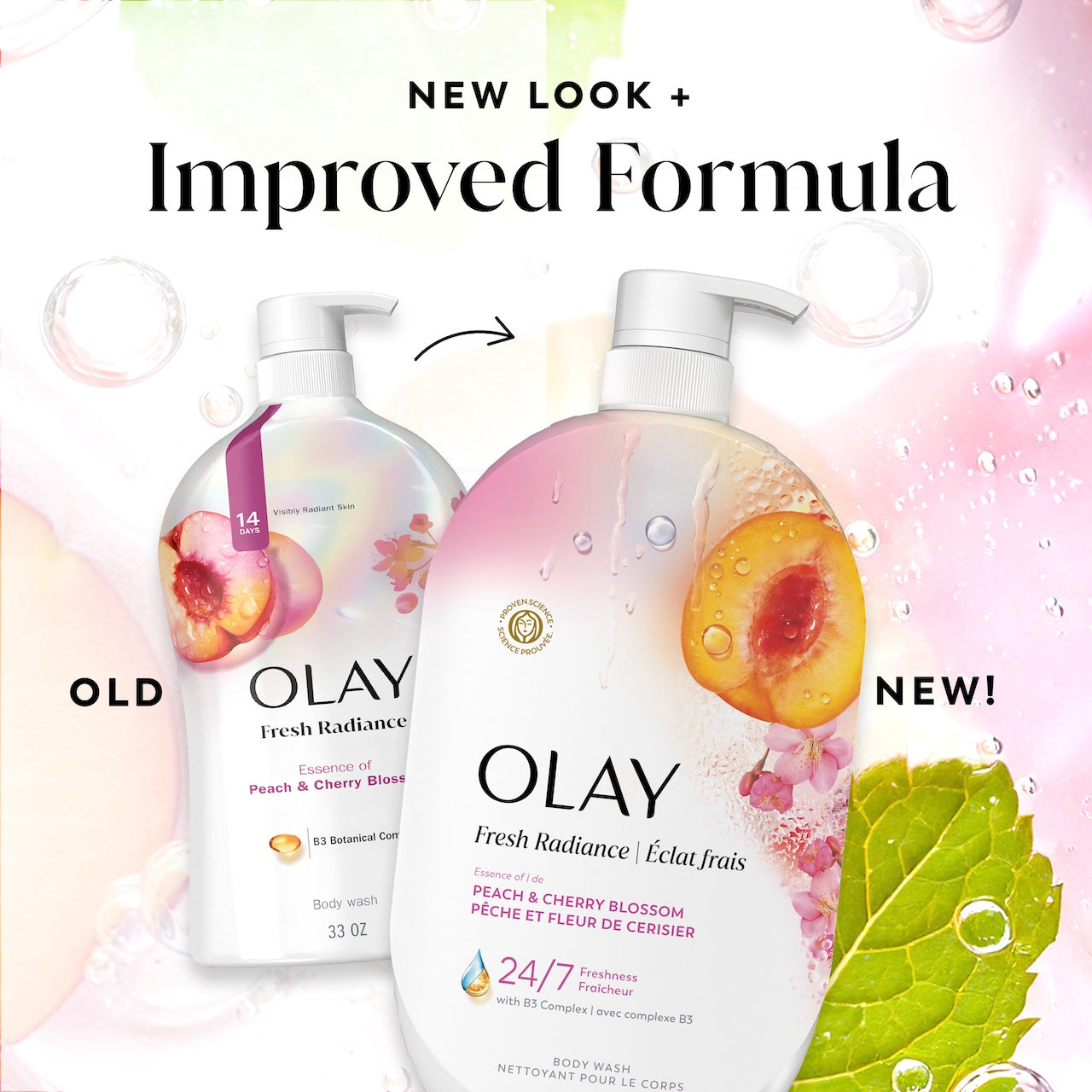 Olay Fresh Radiance Body Wash · Essence of Peach and Cherry Blossom · Vitamin B3 and Antioxidant Blend · 35oz