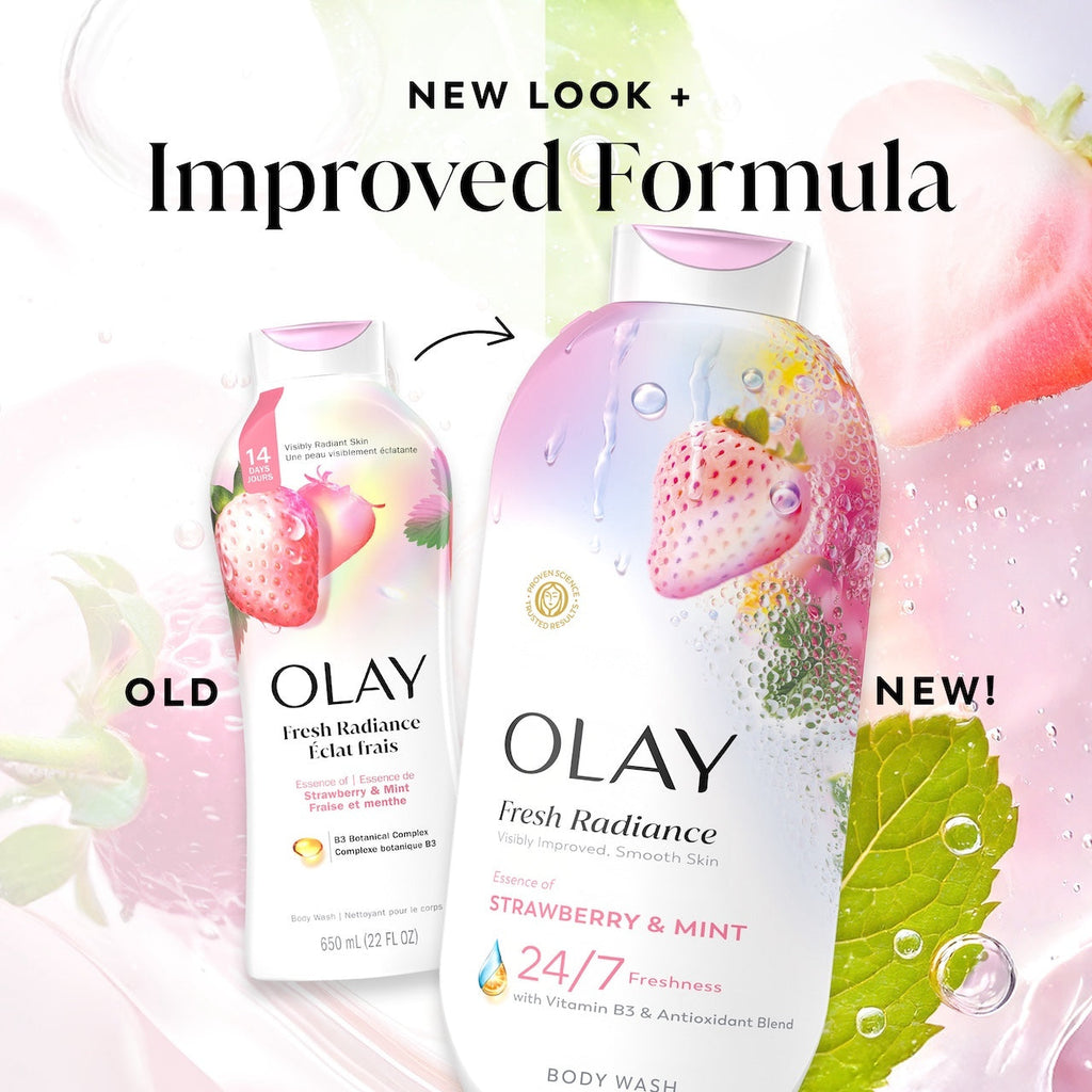 Olay Fresh Radiance Body Wash · Essence of Strawberry and Mint