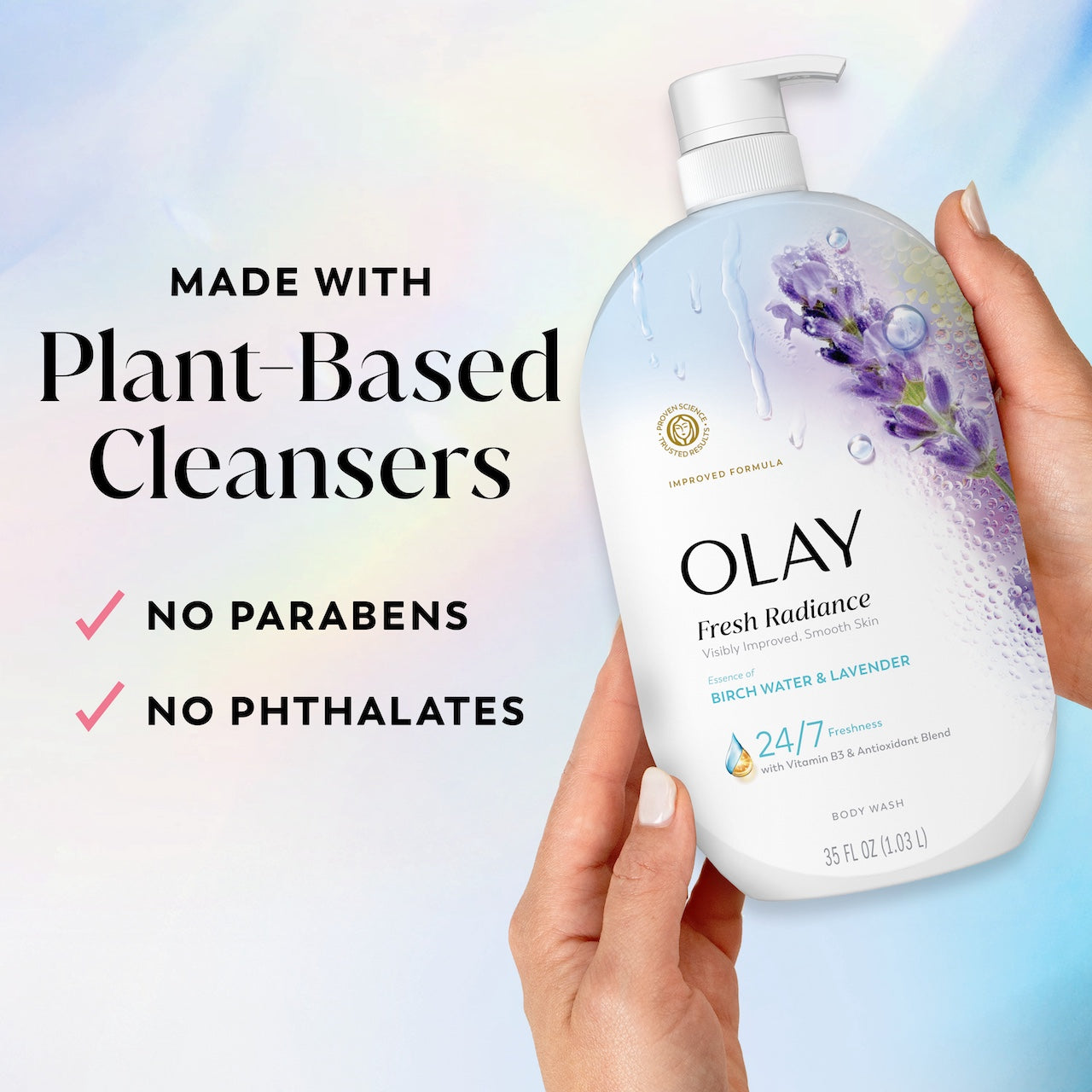Olay Fresh Radiance Body Wash · Essence of Birch Water and Lavender · Vitamin B3 and Antioxidant Blend · 35oz
