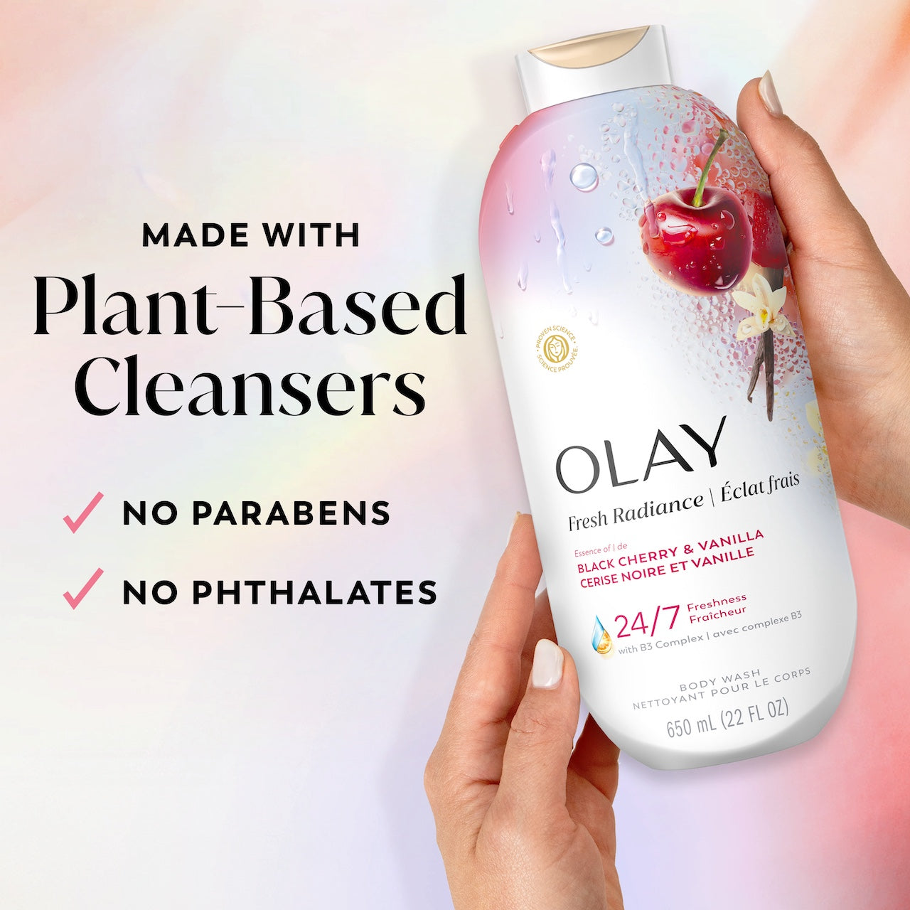 Olay Fresh Radiance Body Wash · Essence of Black Cherry and Vanilla · Vitamin B3 and Antioxidant Blend · 22oz
