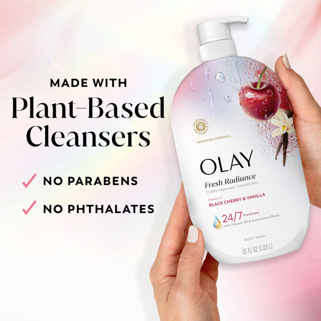 Olay Fresh Radiance Body Wash · Essence of Black Cherry and Vanilla · Vitamin B3 and Antioxidant Blend · 35oz