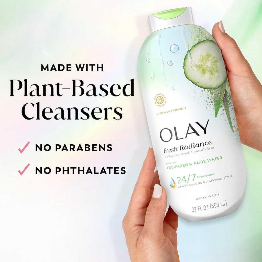 Olay Fresh Radiance Body Wash · Essence of Cucumber and Aloe Water · Vitamin B3 and Antioxidant Blend · 22oz