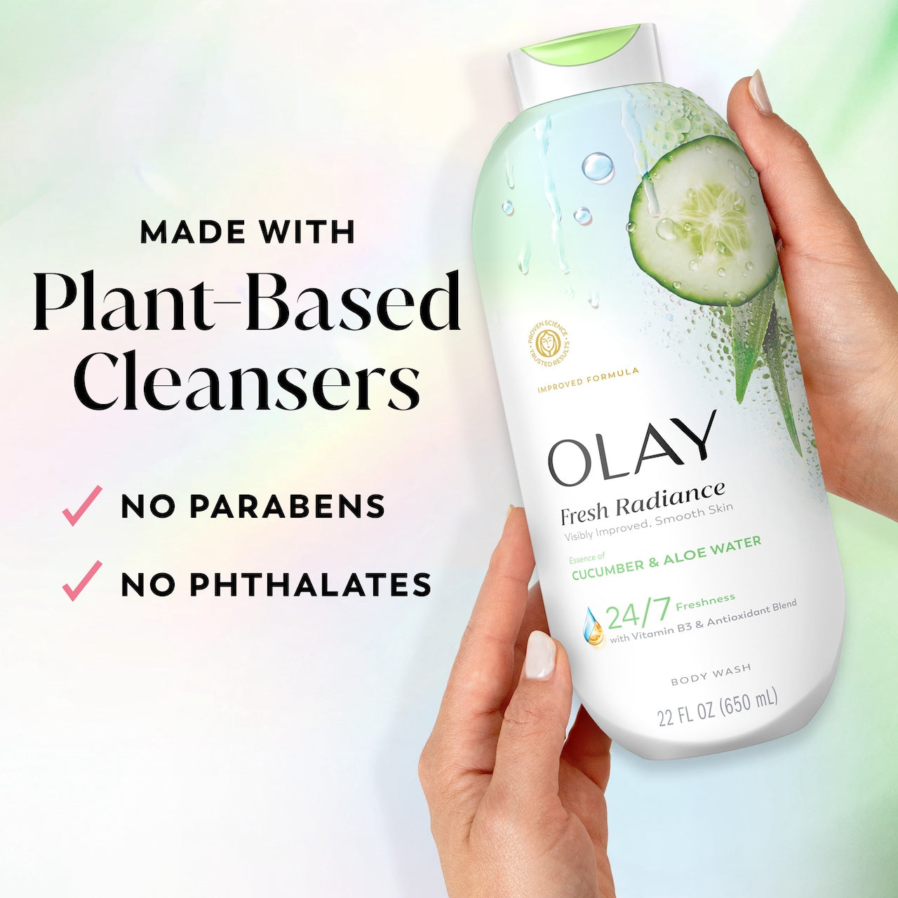 Olay Fresh Radiance Body Wash · Essence of Cucumber and Aloe Water · Vitamin B3 and Antioxidant Blend · 22oz