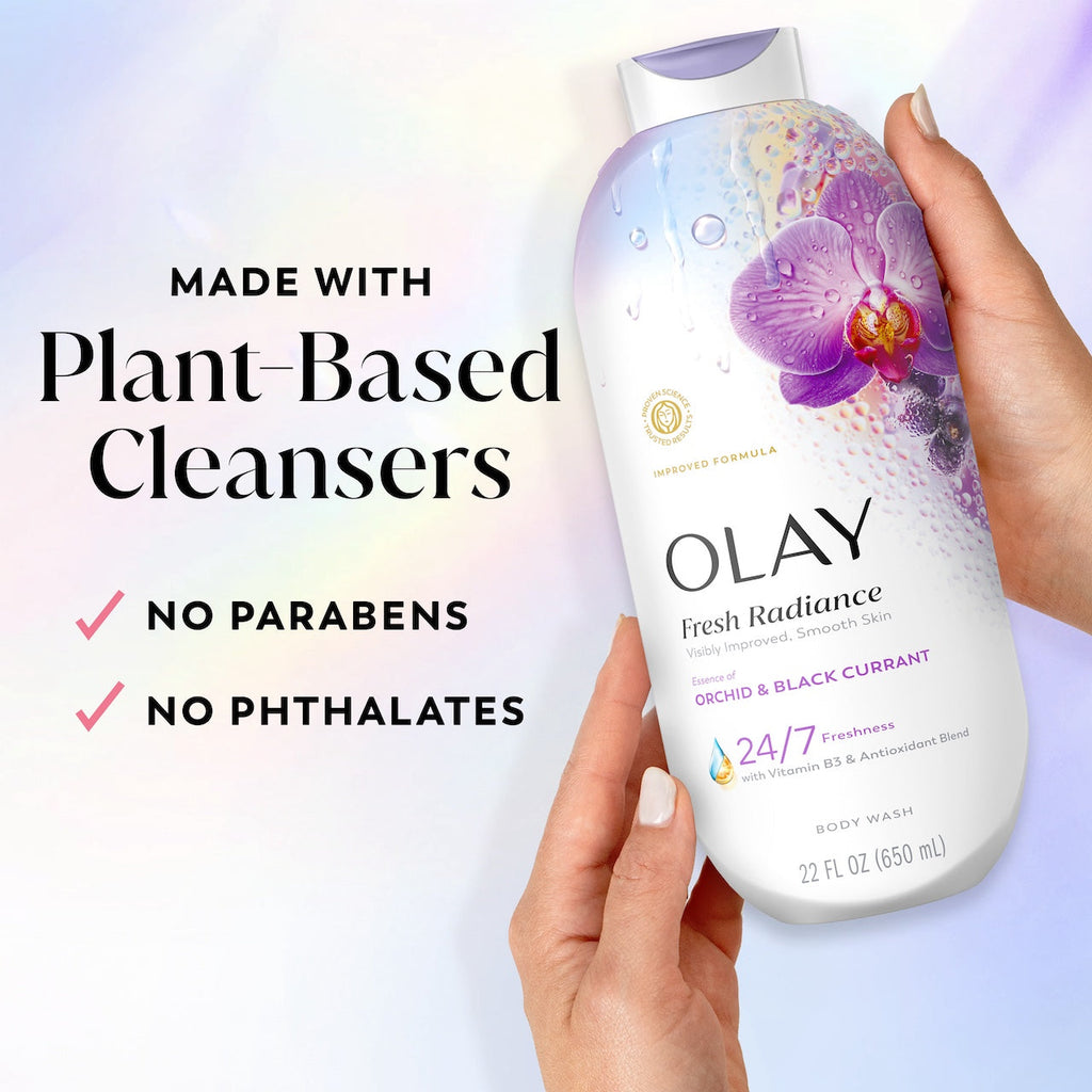 Olay Fresh Radiance Body Wash · Essence of Orchid and Black Currant · Vitamin B3 and Antioxidant Blend · 22oz
